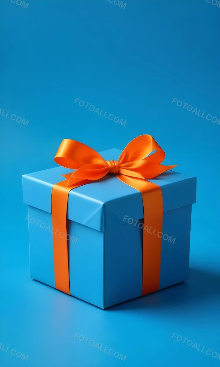 A Blue Gift Box With An Orange Ribbon On A Blue Background The Ribbon Is Tied In A Bow On Top Of The Box 20 1e21