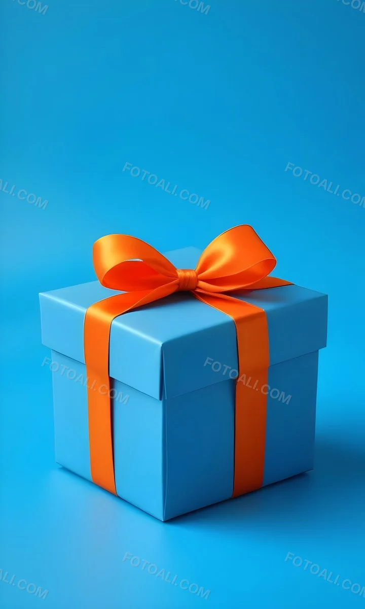 A Blue Gift Box With An Orange Ribbon On A Blue Background The Ribbon Is Tied In A Bow On Top Of The Box 33 D22e