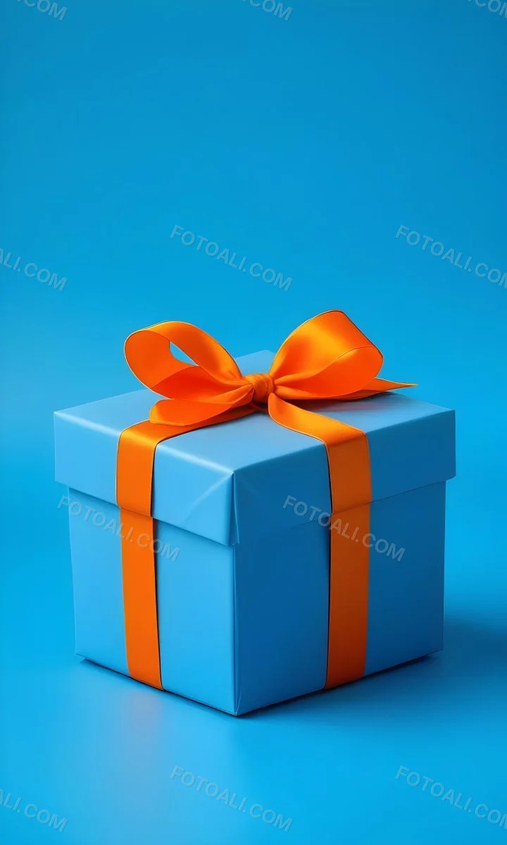 A Blue Gift Box With An Orange Ribbon On A Blue Background The Ribbon Is Tied In A Bow On Top Of The Box 35 B99b