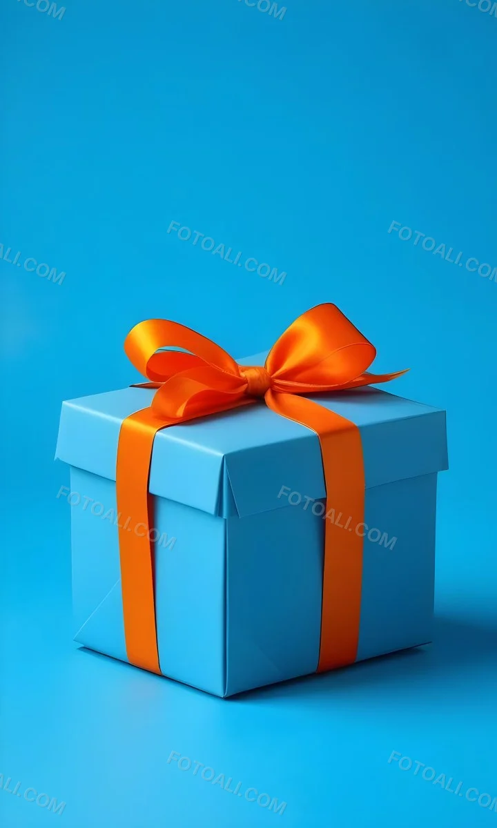A Blue Gift Box With An Orange Ribbon On A Blue Background The Ribbon Is Tied In A Bow On Top Of The Box 38 0d8b