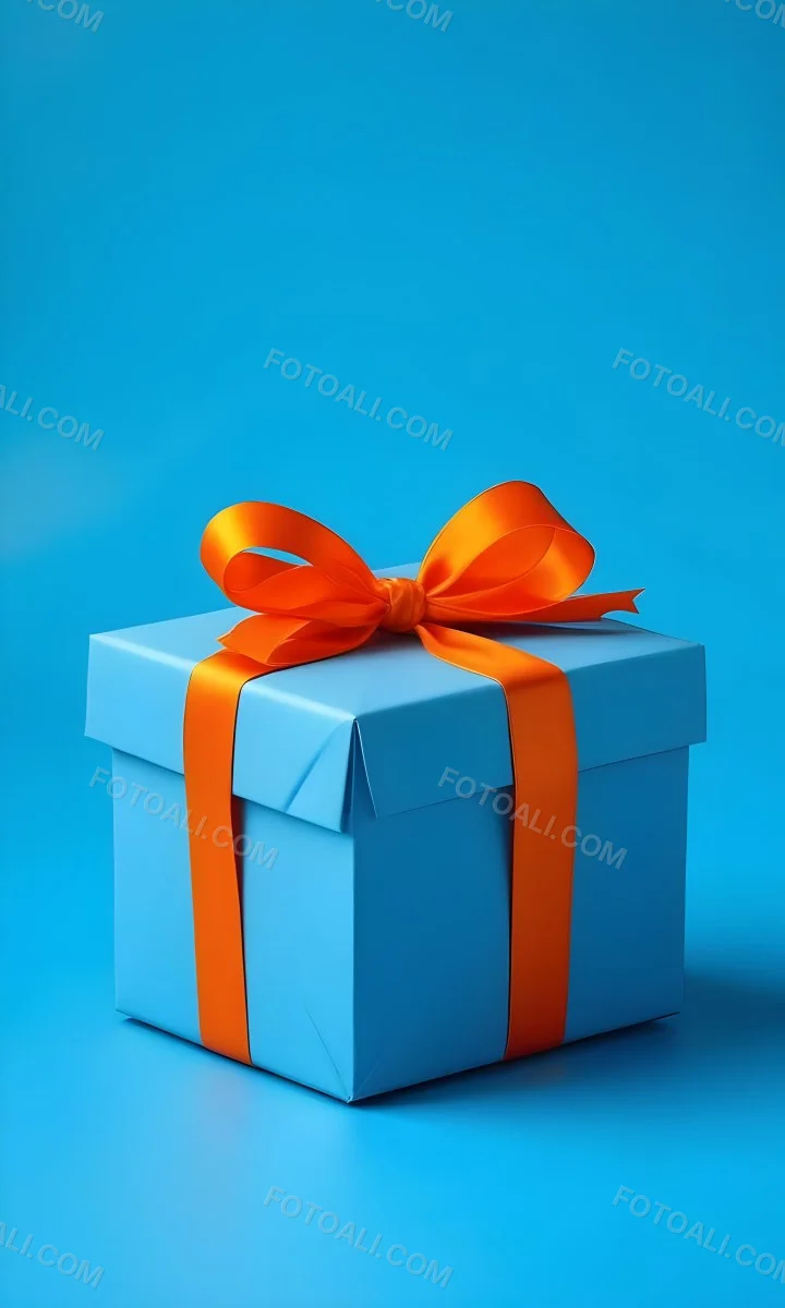 A Blue Gift Box With An Orange Ribbon On A Blue Background The Ribbon Is Tied In A Bow On Top Of The Box 39 482c