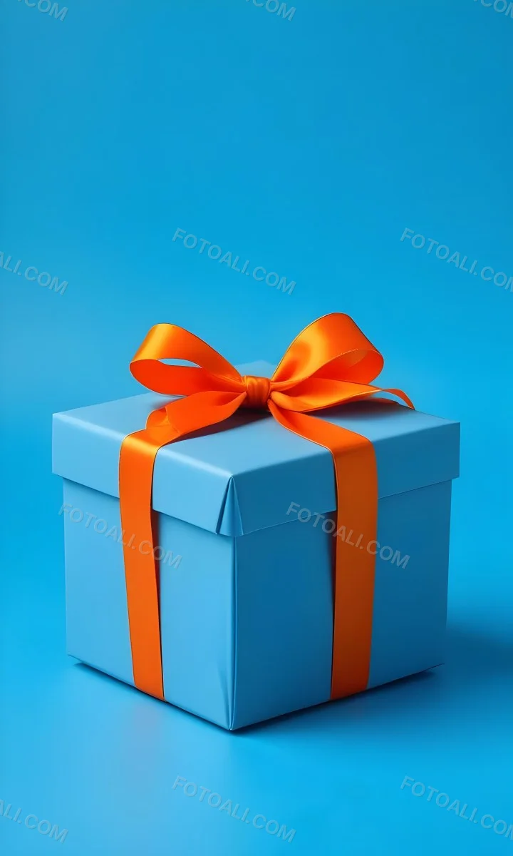 A Blue Gift Box With An Orange Ribbon On A Blue Background The Ribbon Is Tied In A Bow On Top Of The Box 4 Caac