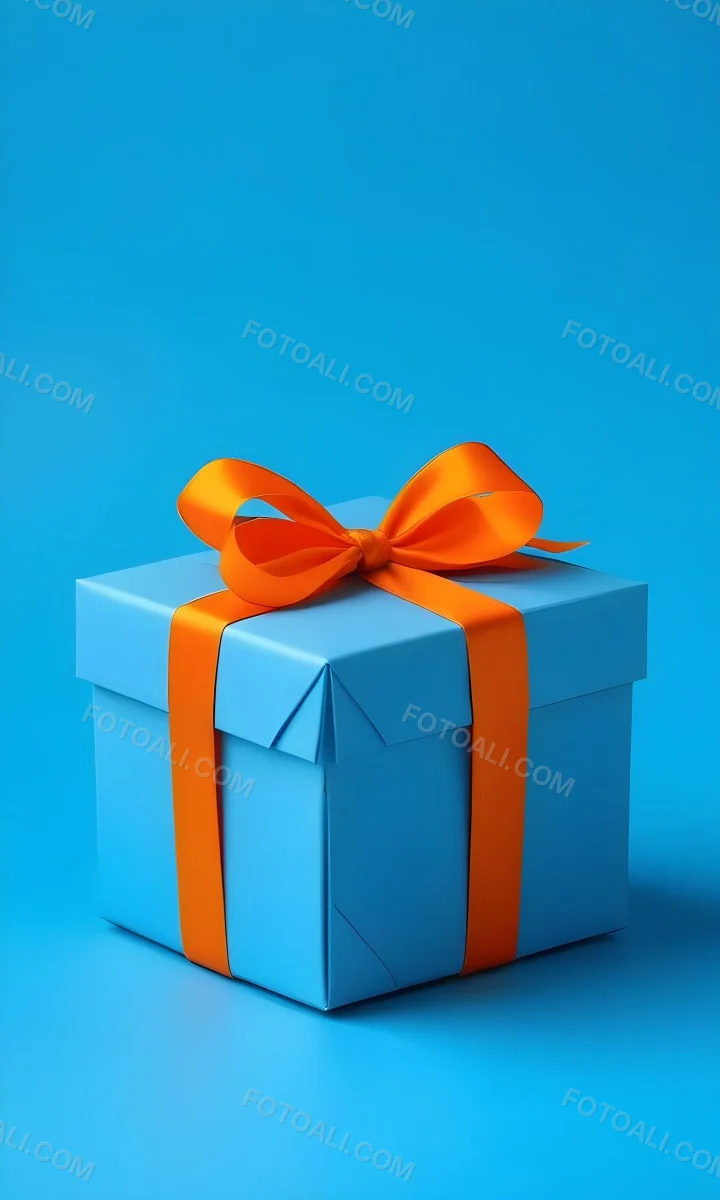 A Blue Gift Box With An Orange Ribbon On A Blue Background The Ribbon Is Tied In A Bow On Top Of The Box 41 9912