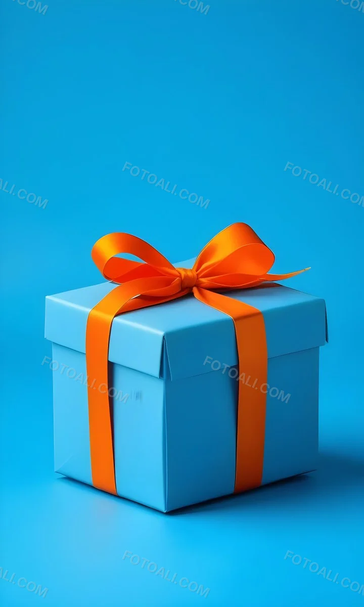 A Blue Gift Box With An Orange Ribbon On A Blue Background The Ribbon Is Tied In A Bow On Top Of The Box 43 85ff