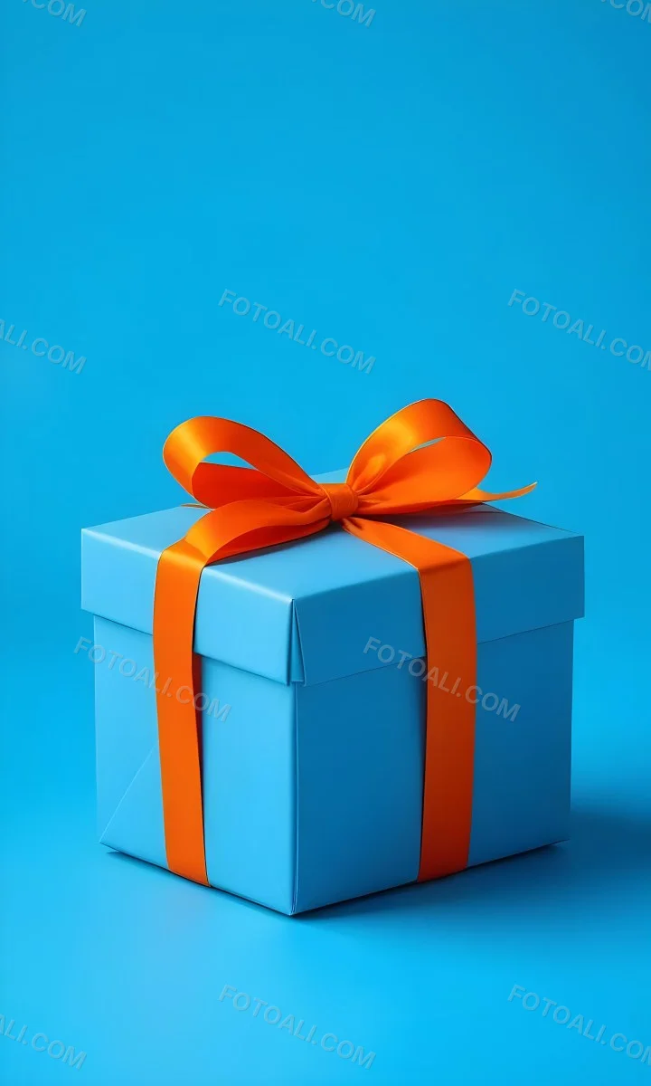 A Blue Gift Box With An Orange Ribbon On A Blue Background The Ribbon Is Tied In A Bow On Top Of The Box 5 Edae