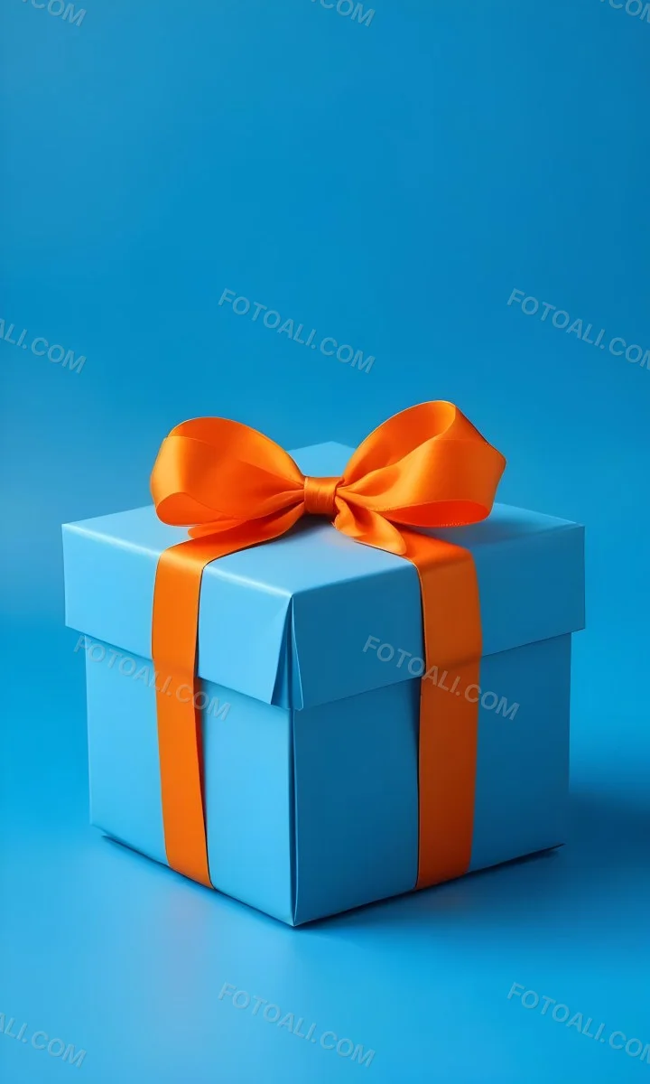 A Blue Gift Box With An Orange Ribbon On A Blue Background The Ribbon Is Tied In A Bow On Top Of The Box 6 Fbdc