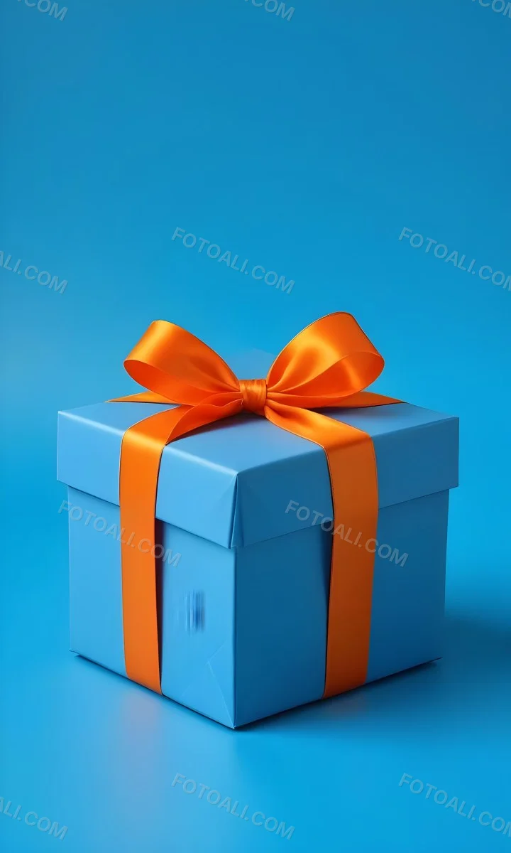 A Blue Gift Box With An Orange Ribbon On A Blue Background The Ribbon Is Tied In A Bow On Top Of The Box 8 Fe65