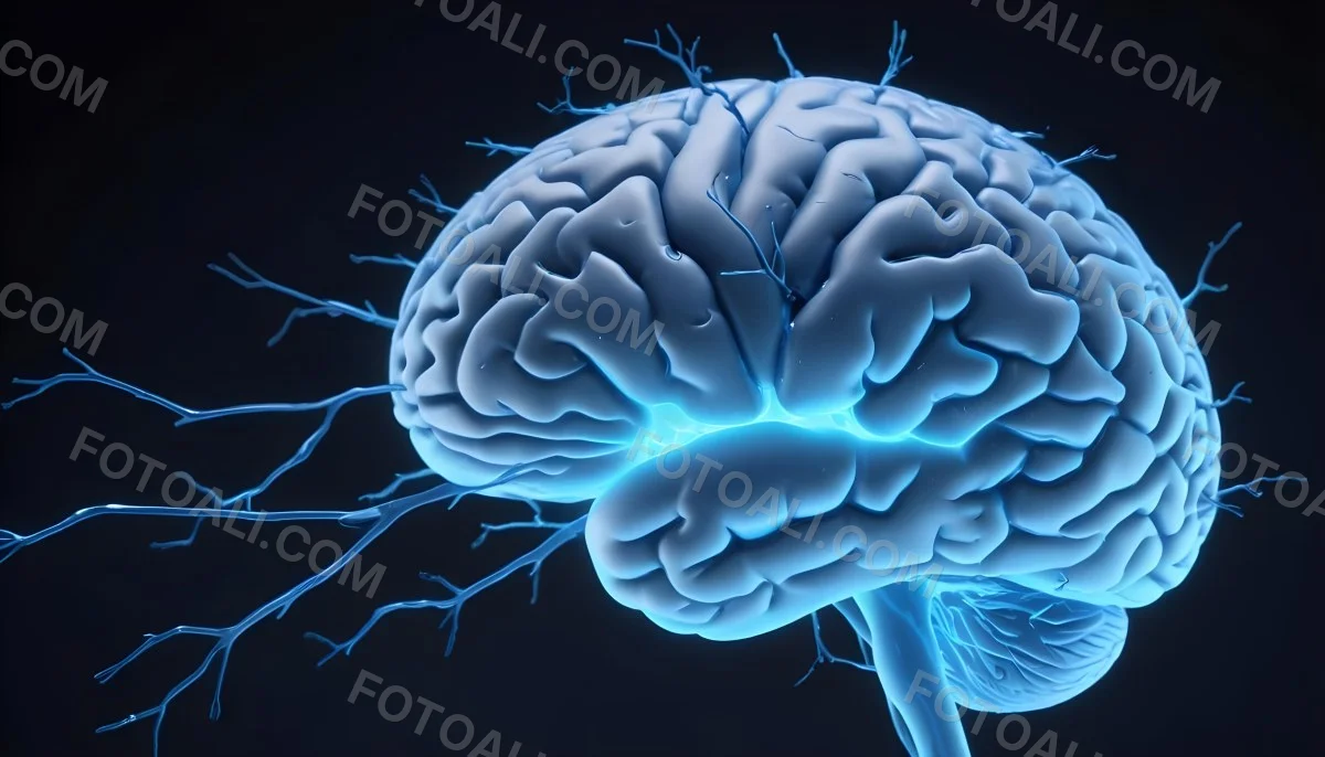 A Blue Human Brain With Dark Connections Representing Neural Networks And Cognitive Function On A Dark Blue Background 20 E882