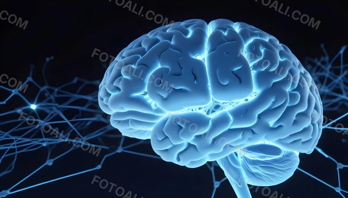A Blue Human Brain With Dark Connections Representing Neural Networks And Cognitive Function On A Dark Blue Background 4 90a9