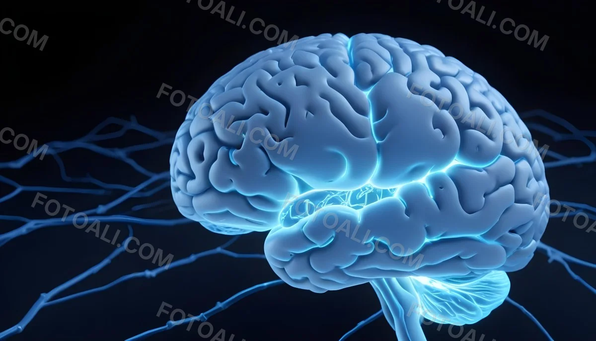 A Blue Human Brain With Dark Connections Representing Neural Networks And Cognitive Function On A Dark Blue Background 6 Fbfa