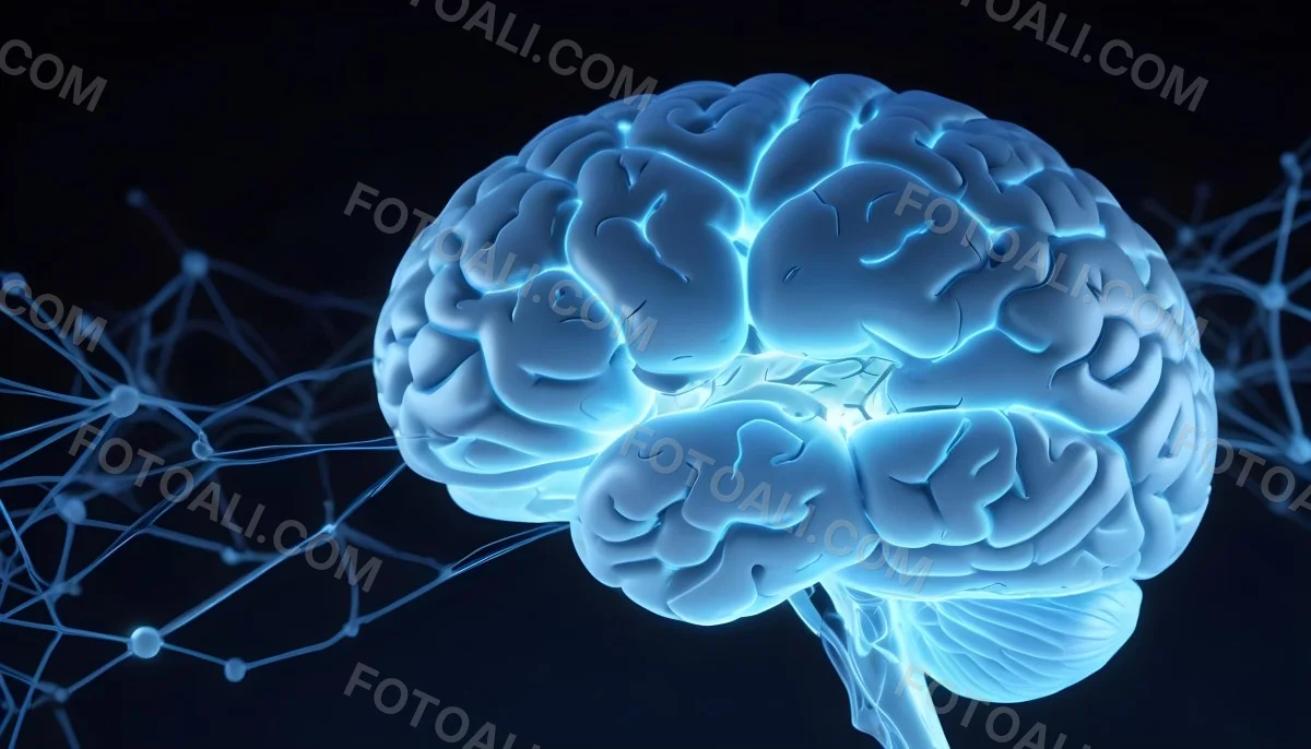 A Blue Human Brain With Dark Connections Representing Neural Networks And Cognitive Function On A Dark Blue Background 7 21a3