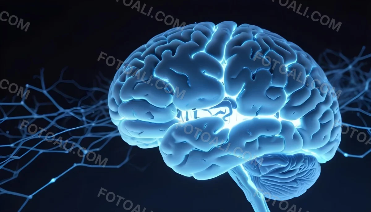 A Blue Human Brain With Dark Connections Representing Neural Networks And Cognitive Function On A Dark Blue Background 8 1d66