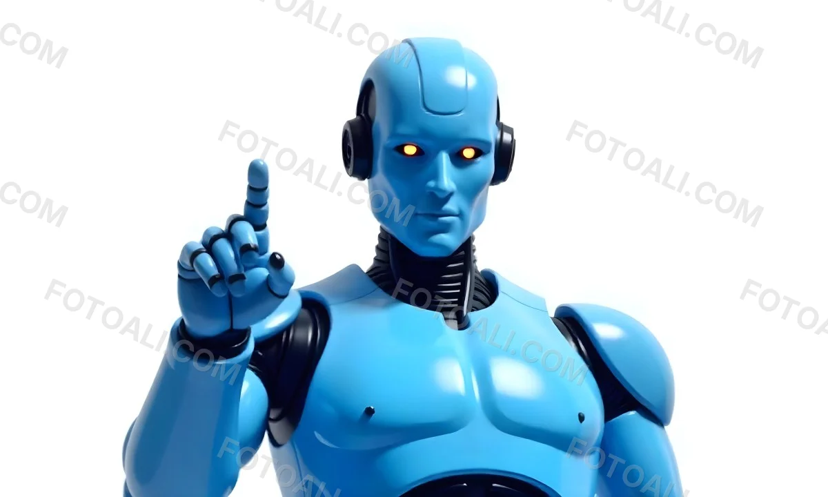 A Blue Humanoid Robot With Black Neck Cables Pointing Up With His Right Index Finger White Background 1 2c14
