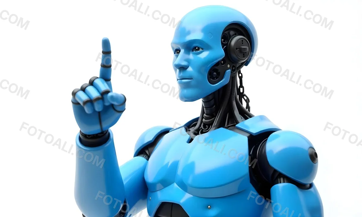 A Blue Humanoid Robot With Black Neck Cables Pointing Up With His Right Index Finger White Background 3 50ea