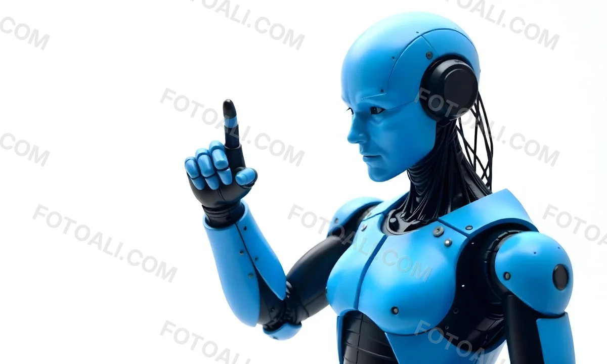 A Blue Humanoid Robot With Black Neck Cables Pointing Up With His Right Index Finger White Background 5 114a