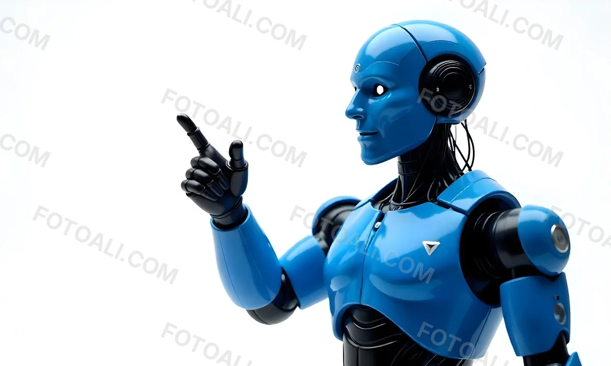 A Blue Humanoid Robot With Black Neck Cables Pointing Up With His Right Index Finger White Background 6 B3b2