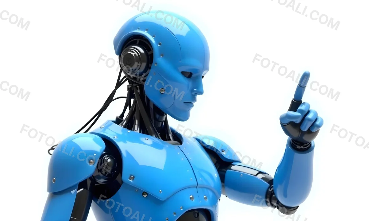 A Blue Humanoid Robot With Black Neck Cables Pointing Up With His Right Index Finger White Background 7 Fdaa