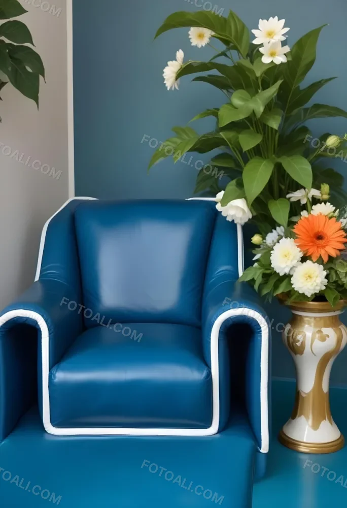 A Blue Leather Armchair With White Trim Next To A Decorative Vase With Green Leaves And Flowers On A Pedestal 10 Fddb