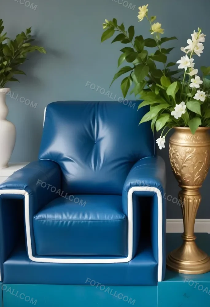 A Blue Leather Armchair With White Trim Next To A Decorative Vase With Green Leaves And Flowers On A Pedestal 11 03d6