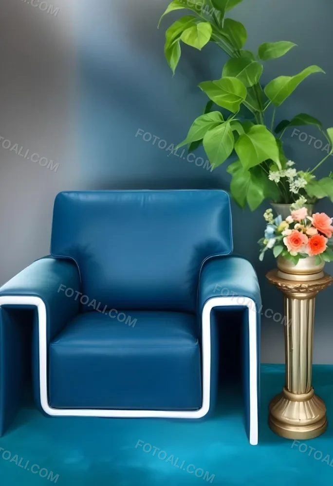 A Blue Leather Armchair With White Trim Next To A Decorative Vase With Green Leaves And Flowers On A Pedestal 12 E7ac