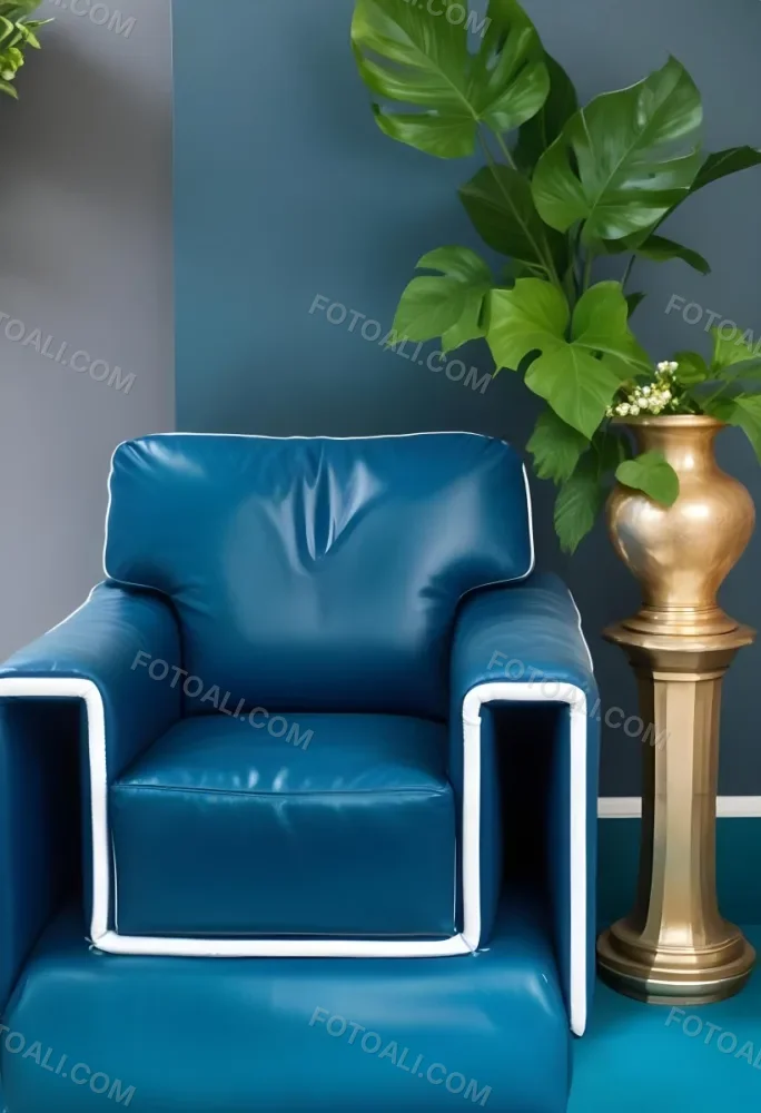 A Blue Leather Armchair With White Trim Next To A Decorative Vase With Green Leaves And Flowers On A Pedestal 13 5cb8