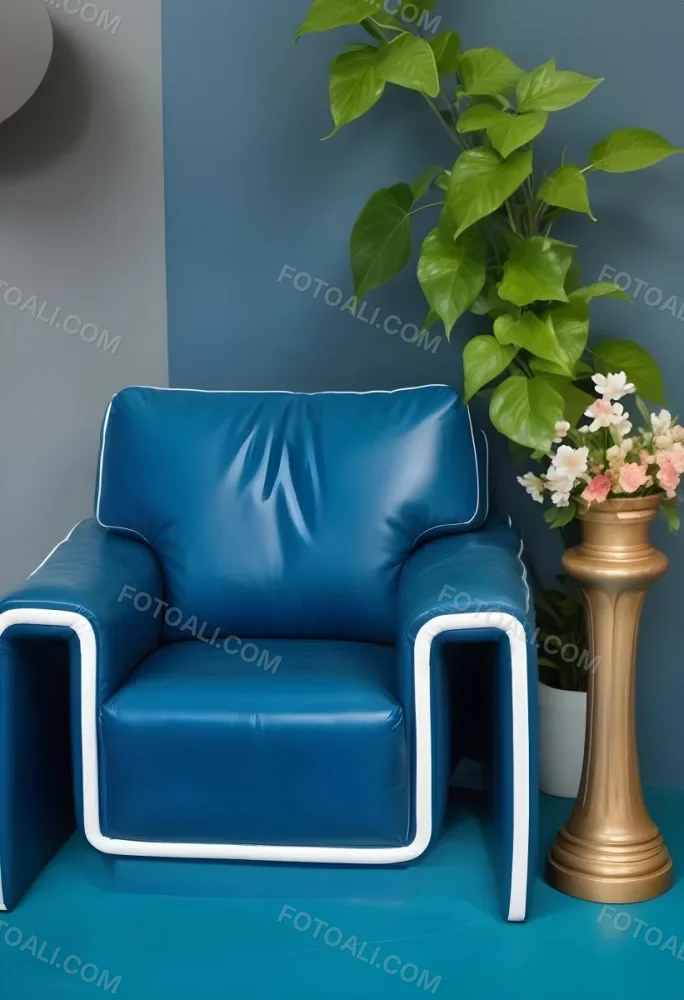 A Blue Leather Armchair With White Trim Next To A Decorative Vase With Green Leaves And Flowers On A Pedestal 14 142e