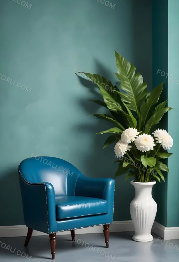 A Blue Leather Armchair With White Trim Next To A Decorative Vase With Green Leaves And Flowers On A Pedestal 2 B094