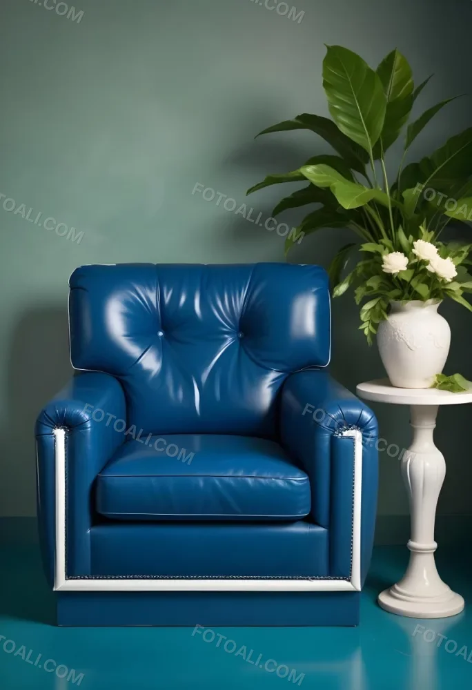 A Blue Leather Armchair With White Trim Next To A Decorative Vase With Green Leaves And Flowers On A Pedestal 5 Accf