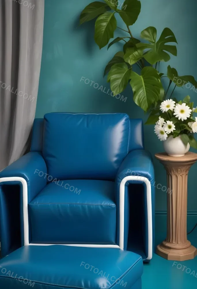 A Blue Leather Armchair With White Trim Next To A Decorative Vase With Green Leaves And Flowers On A Pedestal 6 50ee