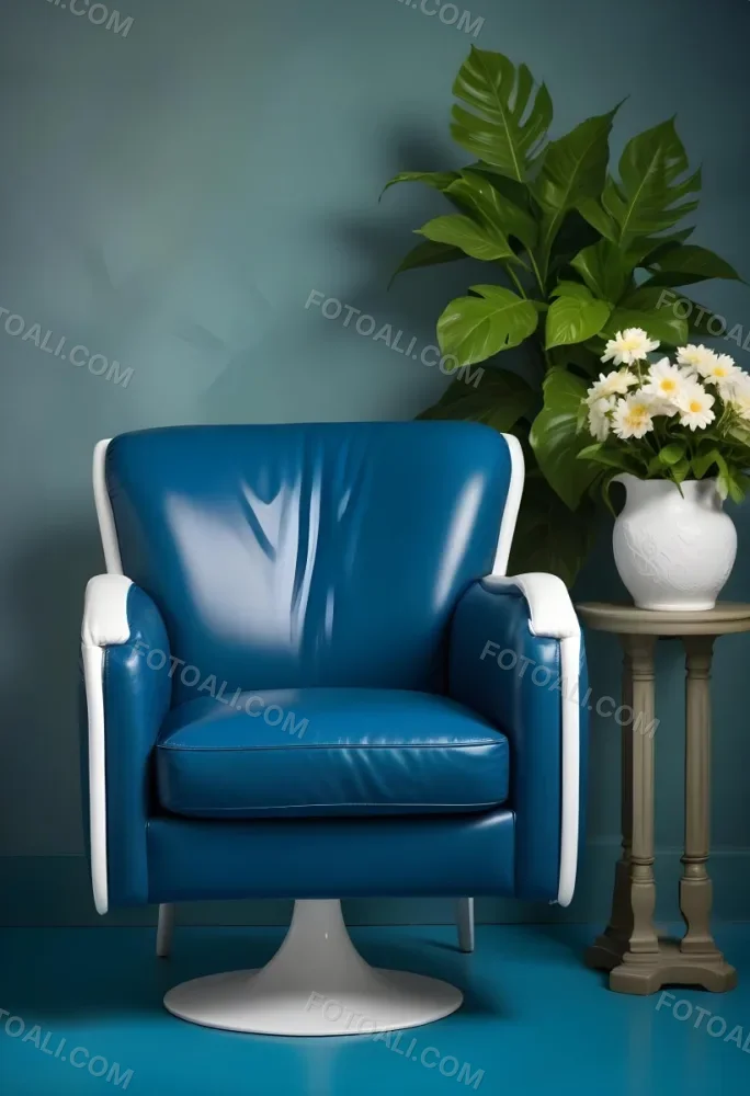 A Blue Leather Armchair With White Trim Next To A Decorative Vase With Green Leaves And Flowers On A Pedestal 7 A5ba