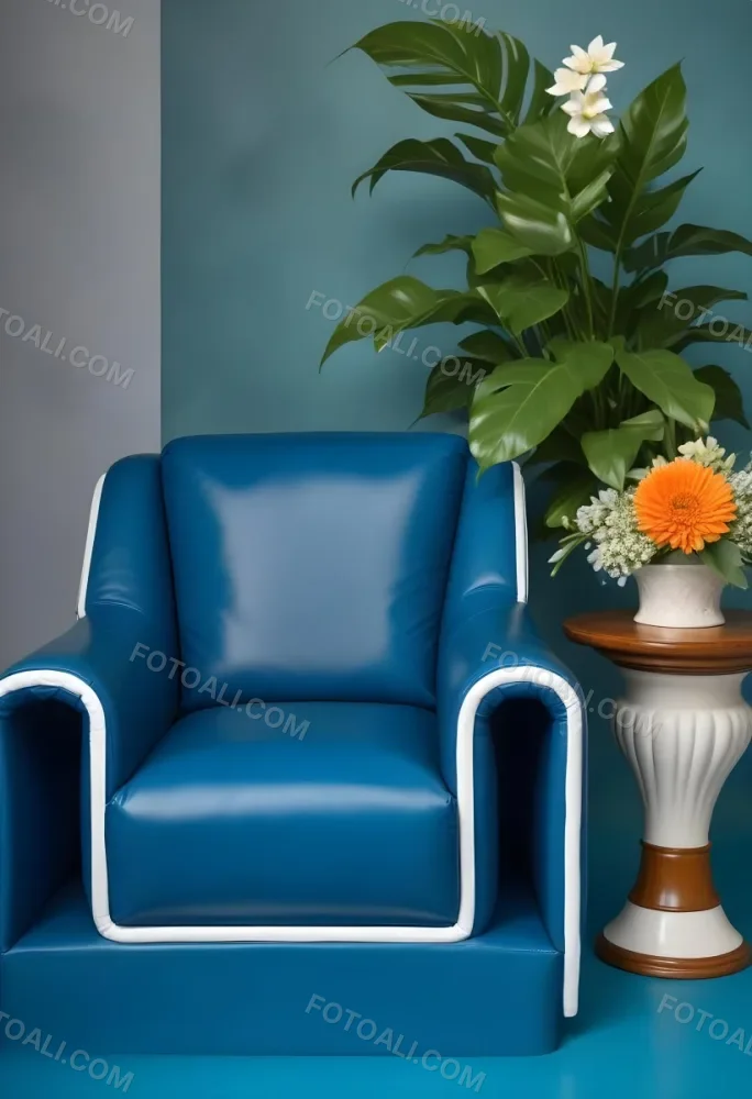 A Blue Leather Armchair With White Trim Next To A Decorative Vase With Green Leaves And Flowers On A Pedestal 8 7550