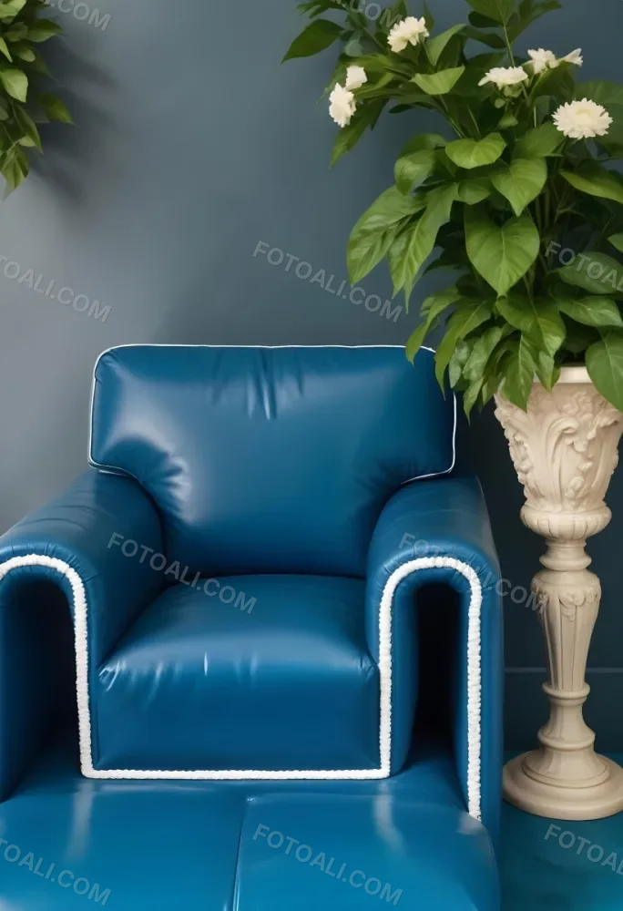 A Blue Leather Armchair With White Trim Next To A Decorative Vase With Green Leaves And Flowers On A Pedestal 9 Cd20