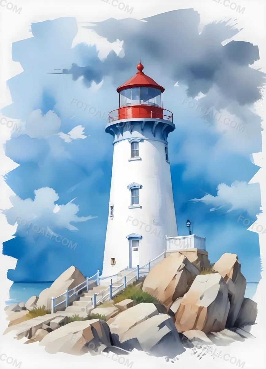 A Blue Lighthouse With A Blue Roof On A Rocky Outcrop Set Against A Blue And White Cloudy Sky Watercolor Style 10 4d7c