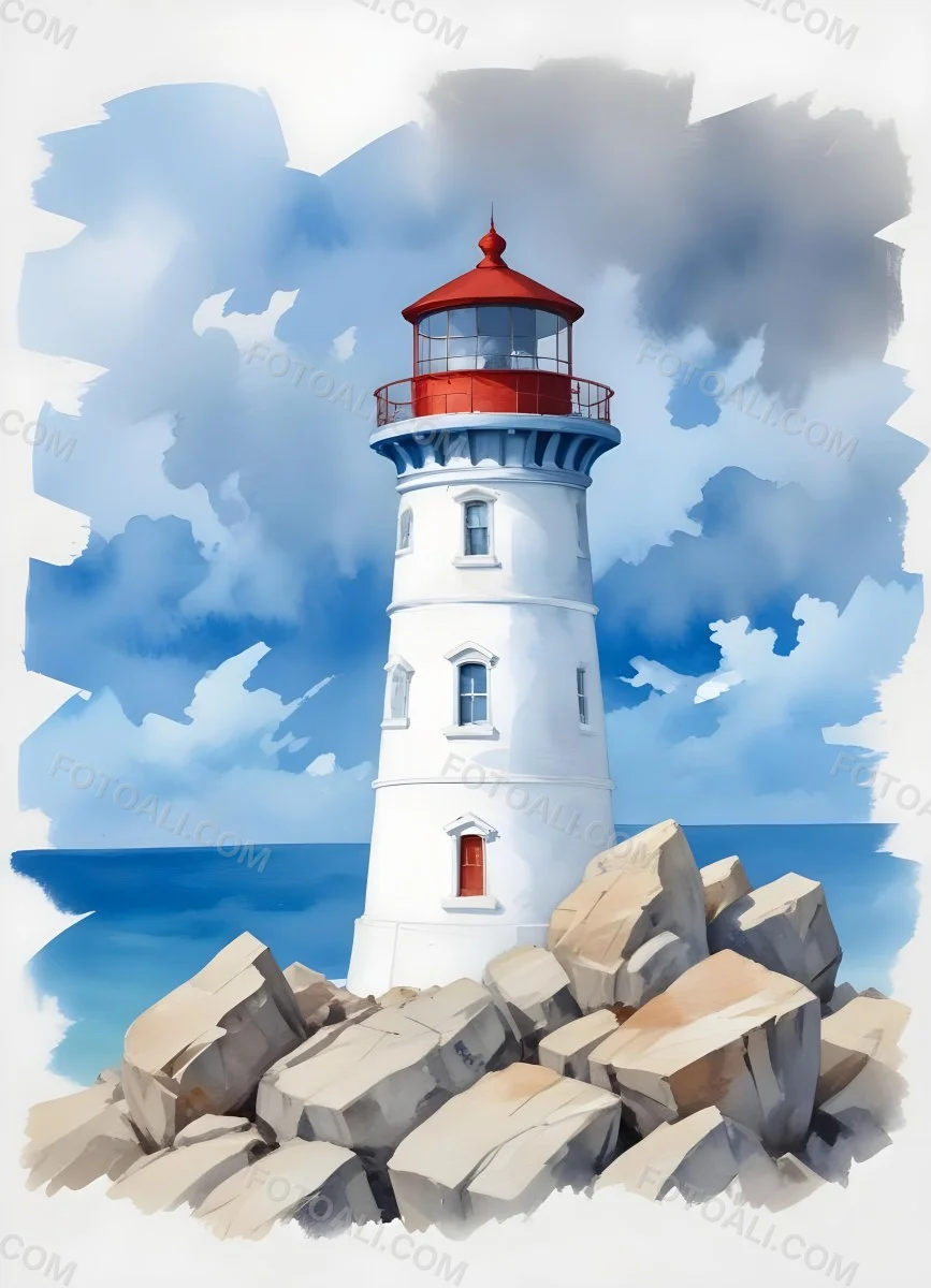 A Blue Lighthouse With A Blue Roof On A Rocky Outcrop Set Against A Blue And White Cloudy Sky Watercolor Style 26 156b