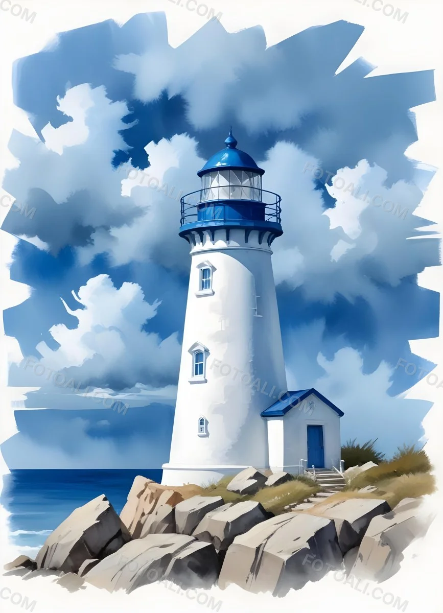 A Blue Lighthouse With A Blue Roof On A Rocky Outcrop Set Against A Blue And White Cloudy Sky Watercolor Style 3 B8ef