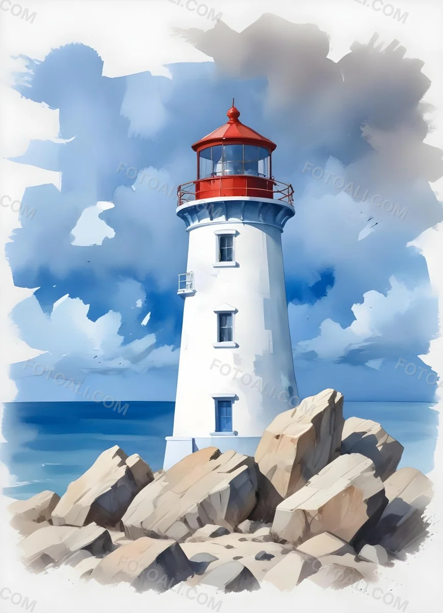 A Blue Lighthouse With A Blue Roof On A Rocky Outcrop Set Against A Blue And White Cloudy Sky Watercolor Style 30 6b34