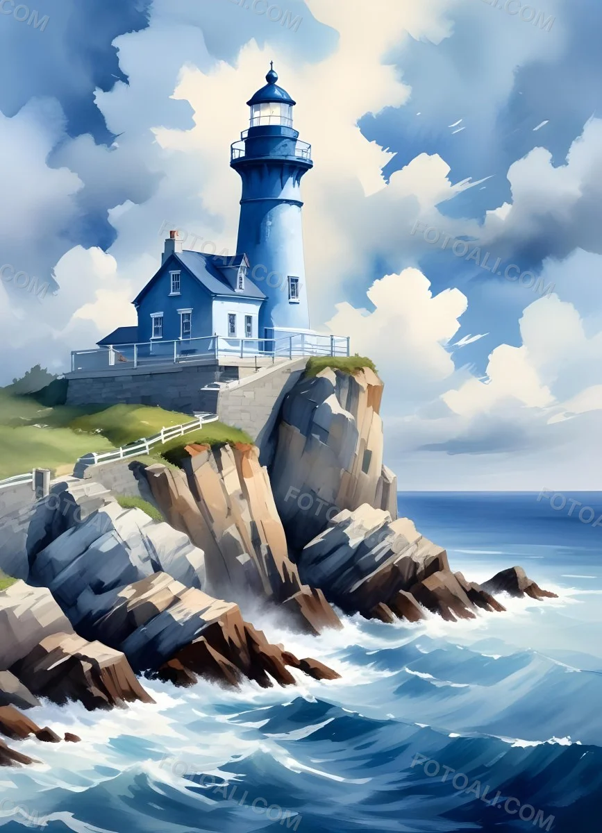 A Blue Lighthouse With A Blue Roof On A Rocky Outcrop Set Against A Blue And White Cloudy Sky Watercolor Style 34 29d3