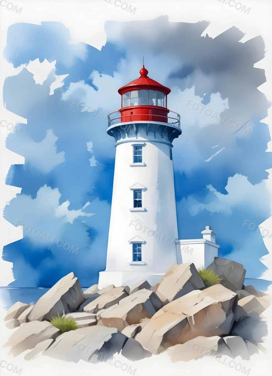 A Blue Lighthouse With A Blue Roof On A Rocky Outcrop Set Against A Blue And White Cloudy Sky Watercolor Style 35 B9e8