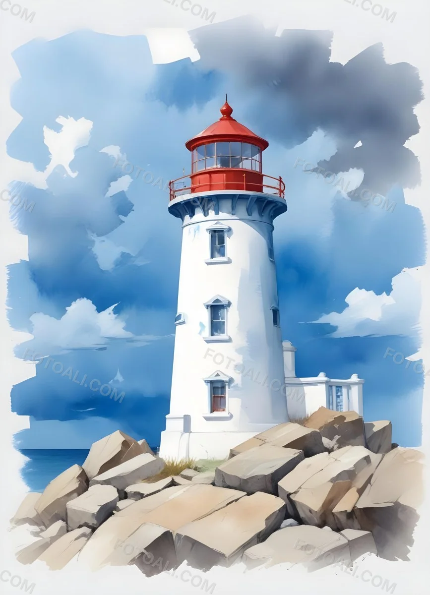 A Blue Lighthouse With A Blue Roof On A Rocky Outcrop Set Against A Blue And White Cloudy Sky Watercolor Style 37 51a7