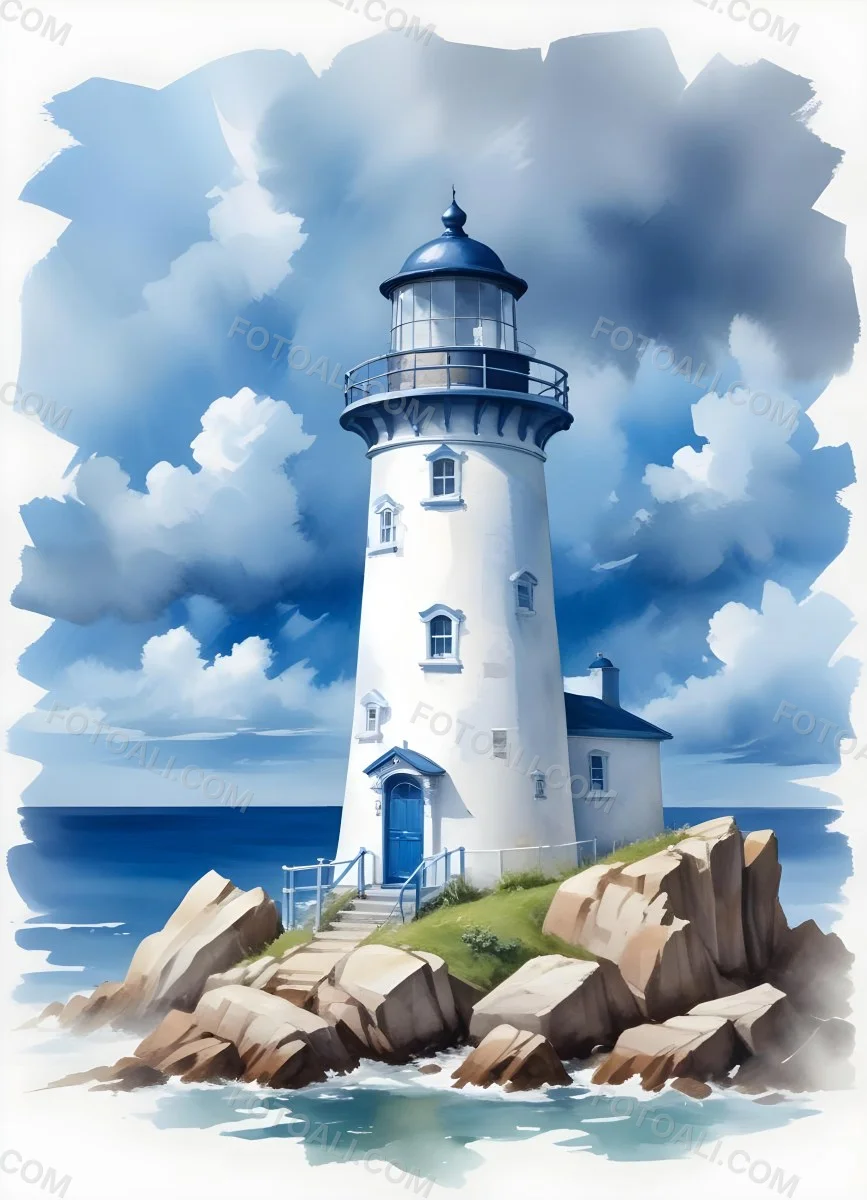 A Blue Lighthouse With A Blue Roof On A Rocky Outcrop Set Against A Blue And White Cloudy Sky Watercolor Style 7 7307