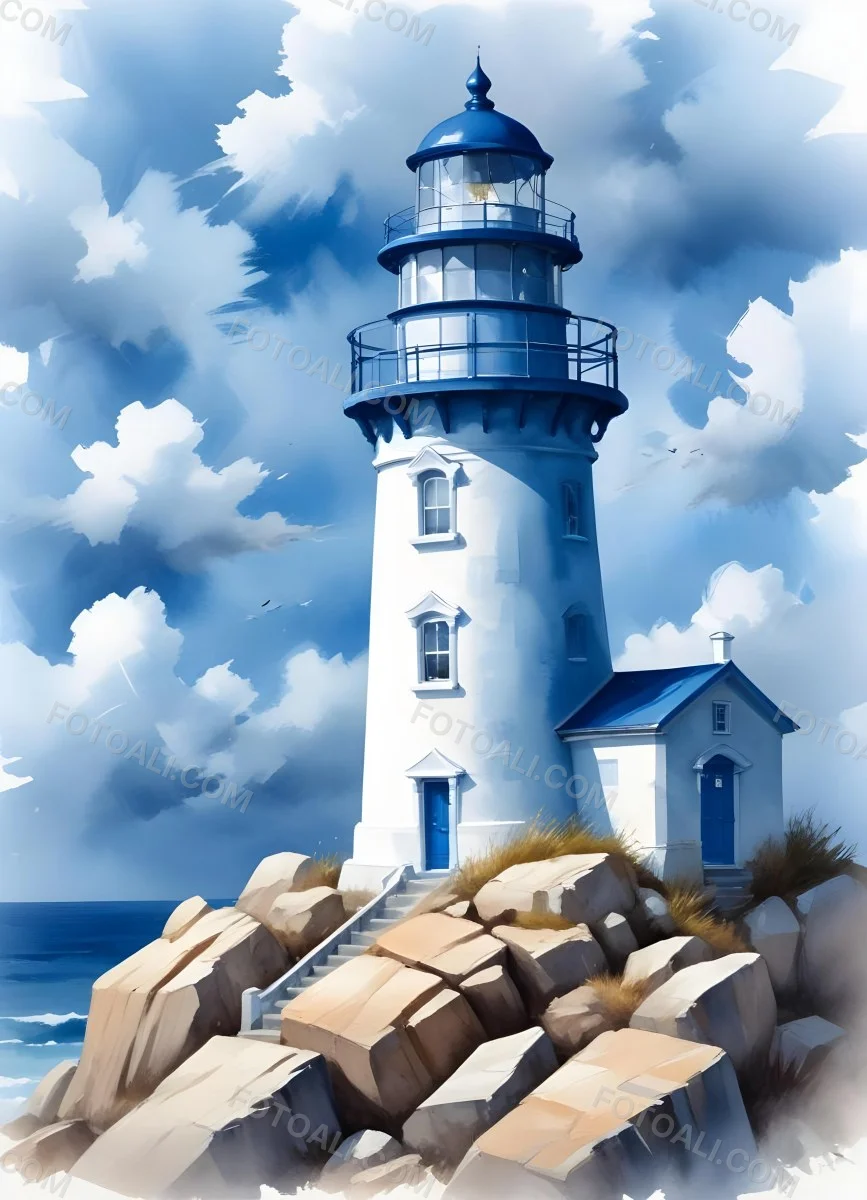 A Blue Lighthouse With A Blue Roof On A Rocky Outcrop Set Against A Blue And White Cloudy Sky Watercolor Style 9 A236