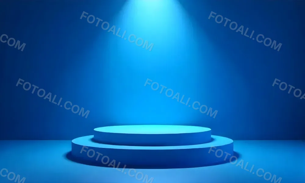 A Blue Podium With Two Levels In A Blue Room With A Spotlight On The Top 17 7805