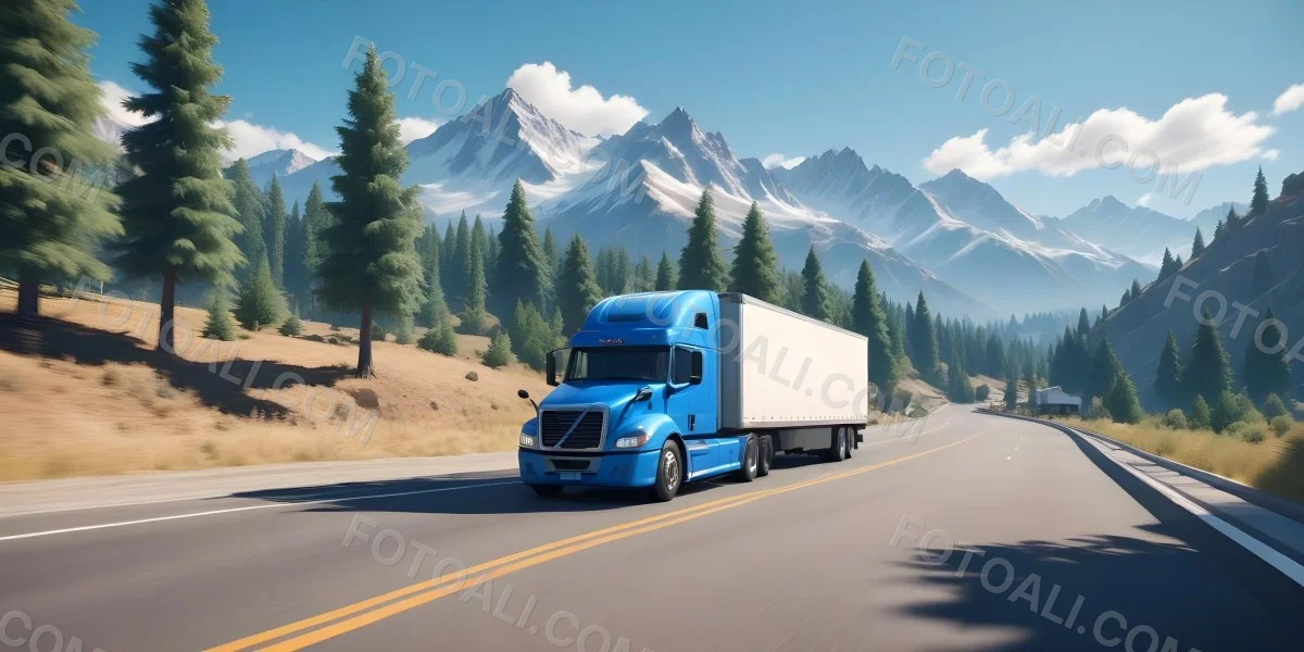 A Blue Semi Truck Driving On A Road With Mountains And Trees In The Background Sunny Day Blue Sky Motion Blur 10 A7b6