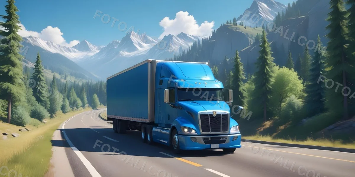 A Blue Semi Truck Driving On A Road With Mountains And Trees In The Background Sunny Day Blue Sky Motion Blur 14 046c