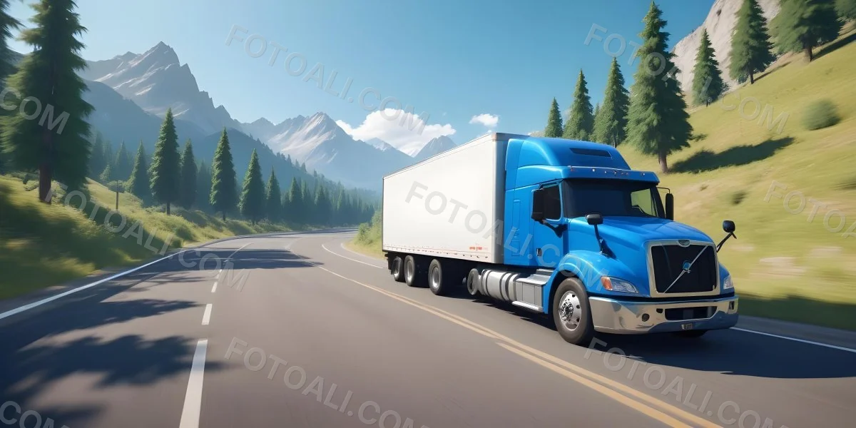 A Blue Semi Truck Driving On A Road With Mountains And Trees In The Background Sunny Day Blue Sky Motion Blur 2 3977