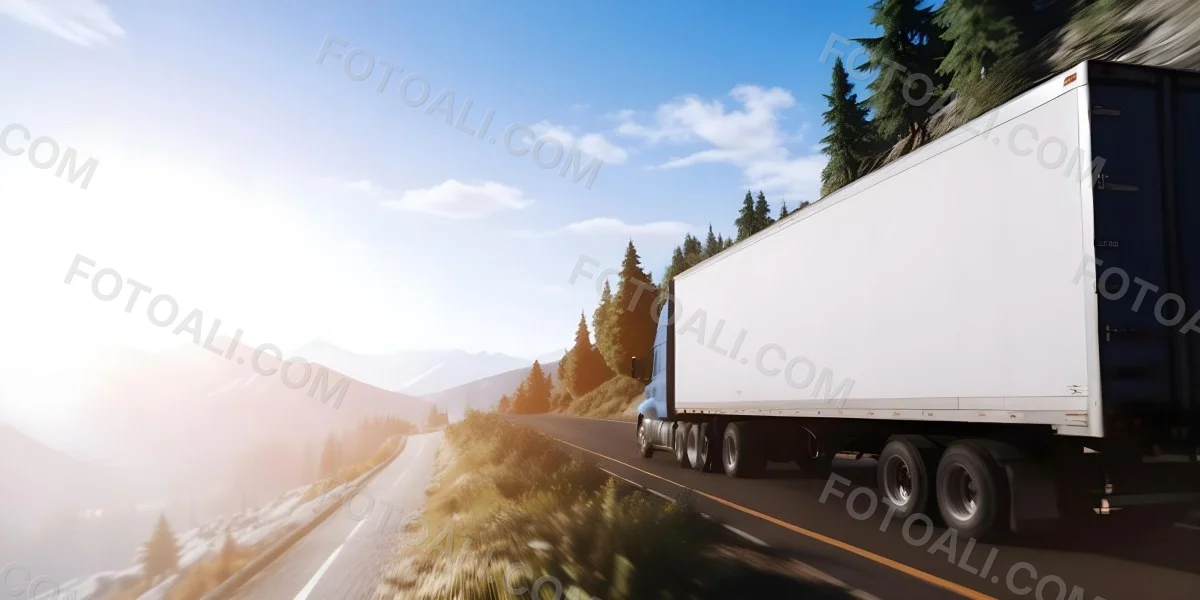 A Blue Semi Truck Driving On A Road With Mountains And Trees In The Background Sunny Day Blue Sky Motion Blur 3 24e7