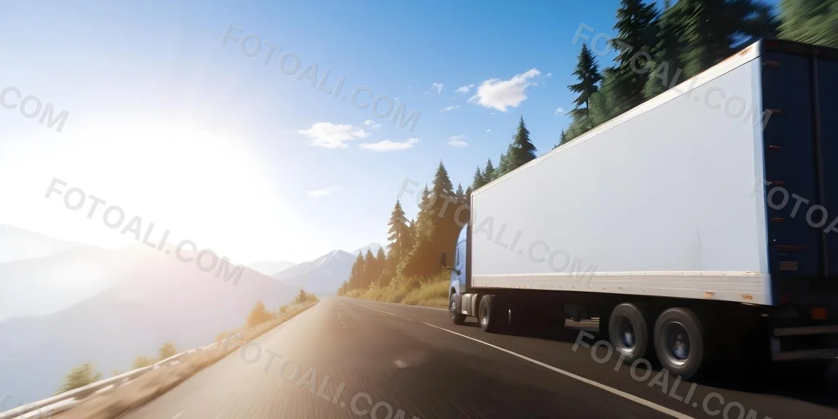 A Blue Semi Truck Driving On A Road With Mountains And Trees In The Background Sunny Day Blue Sky Motion Blur 31 1e38