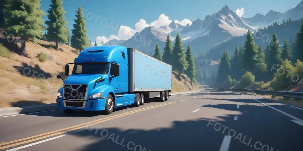 A Blue Semi Truck Driving On A Road With Mountains And Trees In The Background Sunny Day Blue Sky Motion Blur 6 2338