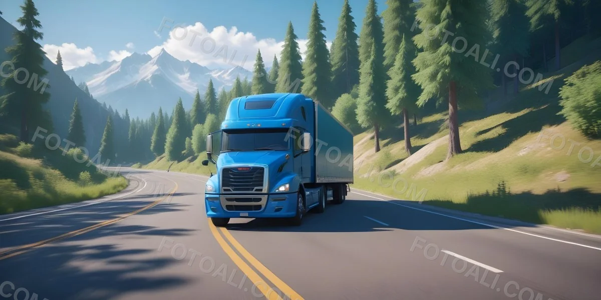 A Blue Semi Truck Driving On A Road With Mountains And Trees In The Background Sunny Day Blue Sky Motion Blur 8 16eb