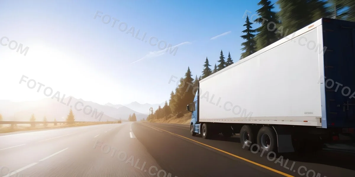 A Blue Semi Truck Driving On A Road With Mountains And Trees In The Background Sunny Day Blue Sky Motion Blur 9 0ffa